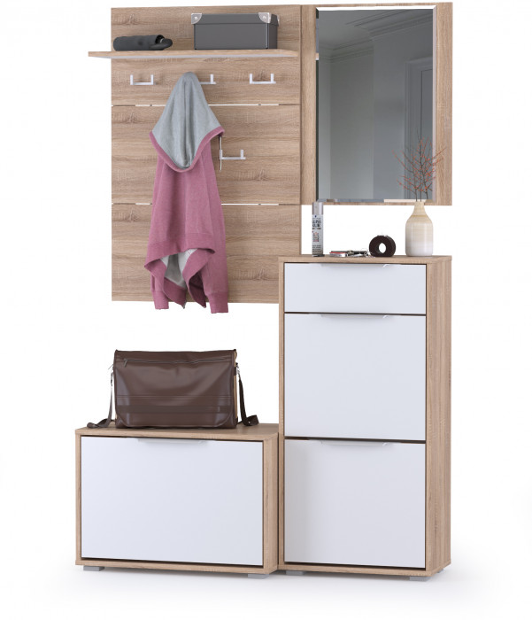 Куба Прихожая 7, обувница 13.58 + Вешалка 10.122 + обувница 13.114 + Зеркало, цвет дуб сонома/белый премиум, ШхГхВ 115х38,3х210,6 см., ун. сборка