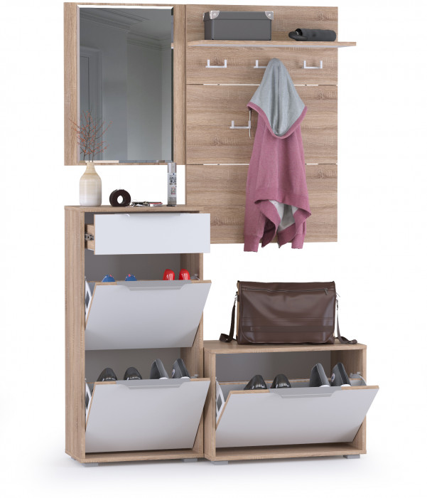 Куба Прихожая 7, обувница 13.58 + Вешалка 10.122 + обувница 13.114 + Зеркало, цвет дуб сонома/белый премиум, ШхГхВ 115х38,3х210,6 см., ун. сборка