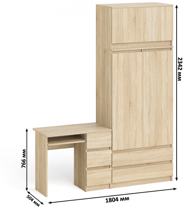 Мори Стол компьютерный МС-6 правый + Шкаф МШ900.1 + Антресоль МА900.1, цвет дуб сонома, ШхГхВ 180,4х50,4х234,2 см., выдвиж. ящики справа, НЕ ун. сб.