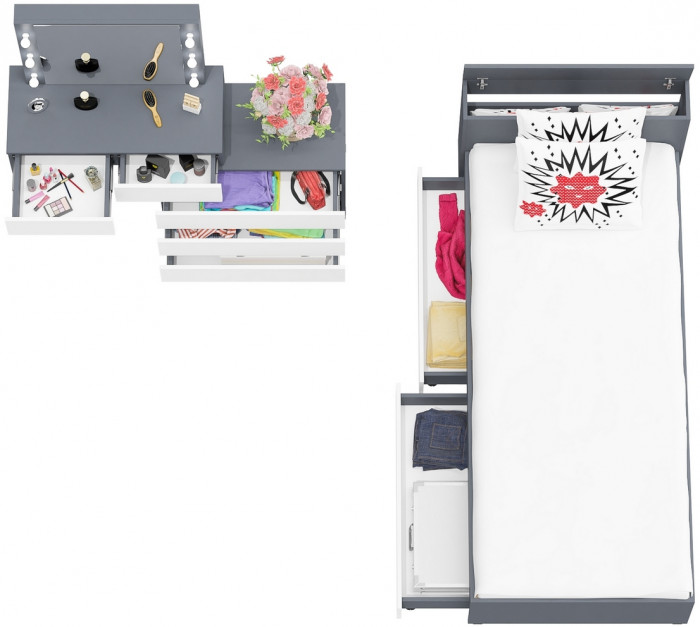 Ксения Кровать с ящиками 0900 + Стол косметический с подсветкой 110, графит/белый