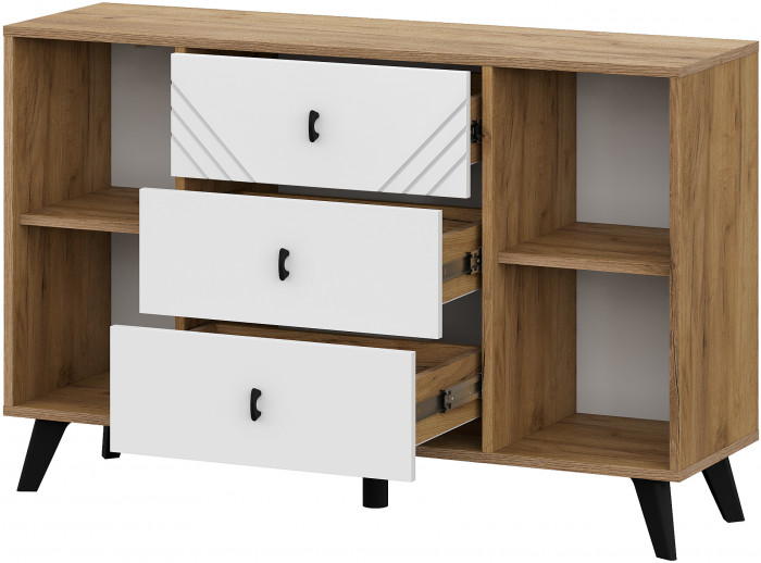 Комод 3 ящика двухстворчатый Байкал, Дуб Золотой, Белый матовый