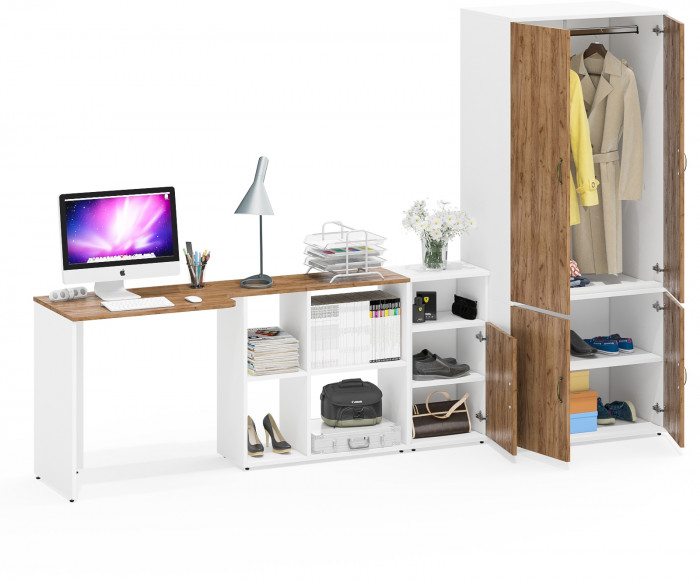 Лидер-8 Стол + Тумба МД 3.19 + Шкаф МД 19Б, цвет белый шагрень/крафт золото, ШхГхВ 285х50/37,5х75/190 или 115х200/50х75/190 см., НЕ ун. сборка