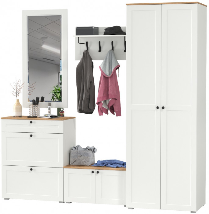 Остин Прихожая 47, цвет белый шагрень/дуб крафт золотой, ШхГхВ 240х54,3х229,6 см., универсальная сборка