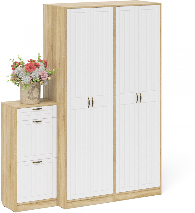 Прихожая П-6 Компоновка № 13, цвет дуб сонома/фасады МДФ белое дерево фрезеровка прованс, ШхГхВ 170х50х210 см., универсальная сборка