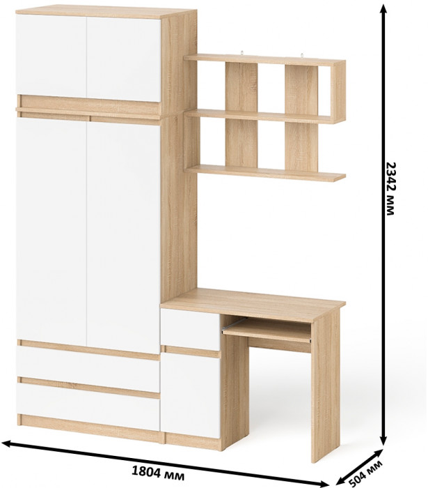 Мори компьютерный стол МС-1 левый + Шкаф МШ900.1 + Антресоль МА900.1 + Полка 900, дуб сонома/белый
