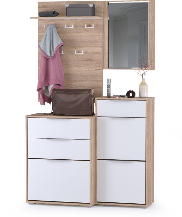 Куба Прихожая 8, обувница 13.113 + Вешалка 10.122 + обувница 13.114 + Зеркало, цвет дуб сонома/белый премиум, ШхГхВ 115х38,3х210,6 см., ун. сборка