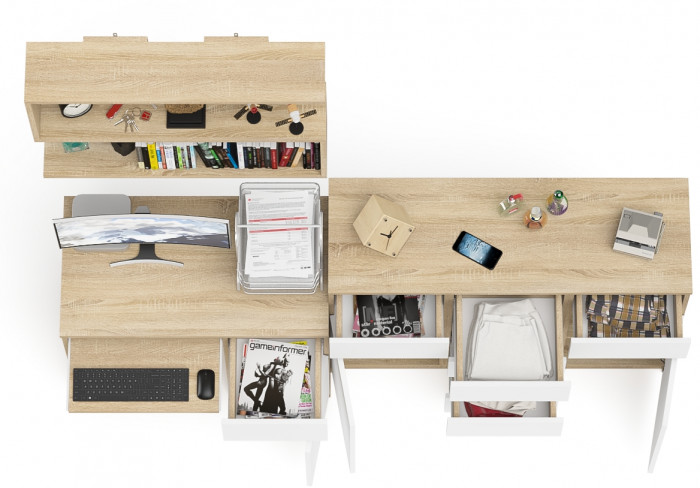 Мори Стол компьютерный МС-1 правый + Комод МК1200.4 + Полка 900, цвет дуб сонома/белый, ШхГхВ 210,4х50х209,6 см., НЕ универсальная сборка