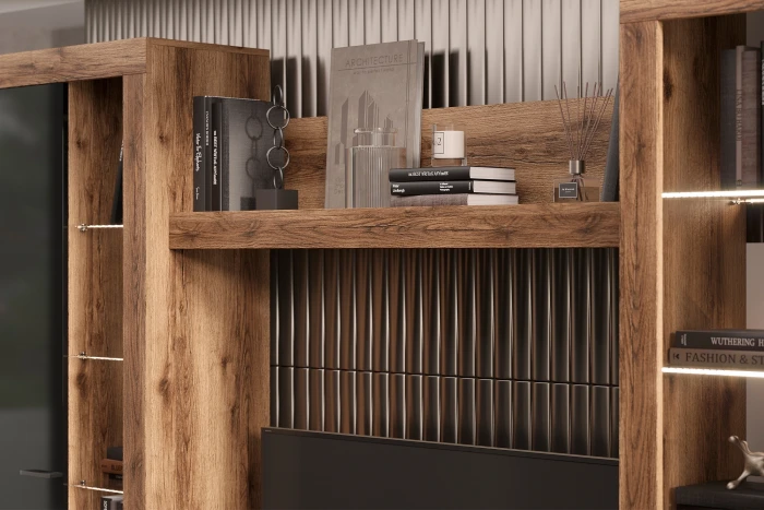 Прага Модульная Гостиная, вариант №5, Дуб Делано/Черный глянец