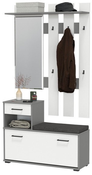 Лира ГК Прихожая 1 2-0714+2-3814 Тумба под обувь + Вешалка с зеркалом, цвет графит/белый, ШхГхВ 100х33х185 см., универсальная сборка