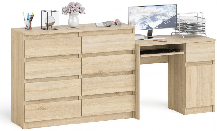 Мори Стол компьютерный МС-1 правый + Комод МК1200.8, цвет дуб сонома, ШхГхВ 210,4х50х94 см., выдвижной ящик справа, НЕ универсальная сборка