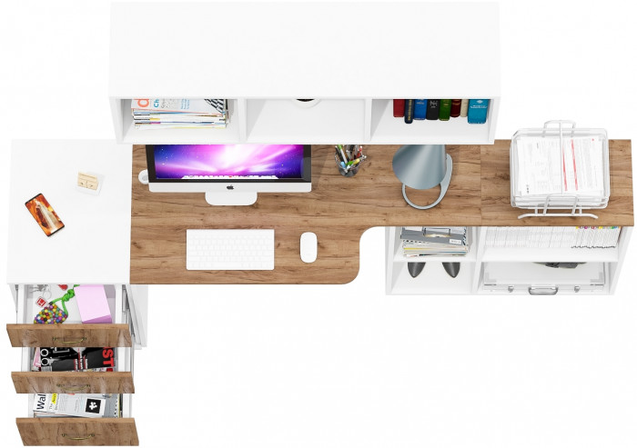 Лидер-8 Стол + Полка + Тумба МД 3.16, цвет белый шагрень/крафт золото, ШхГхВ 205х50/30х75/190 или 155х80/50х75/190 см., НЕ универсальная сборка