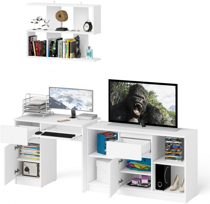 Мори Стол компьютерный МС-1 левый + Тумба МТВ1204.1 + Полка 900, цвет белый, ШхГхВ 210,4х50х209,6 см., НЕ универсальная сборка