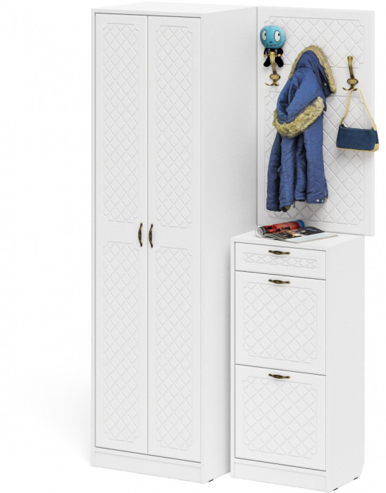 Прихожая П-6 Компоновка № 18, цвет белая шагрень/фасады МДФ белое дерево фрезеровка ромб, ШхГхВ 120х50х210 см., универсальная сборка