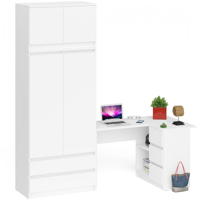Мори Стол компьютерный МС-16 правый + Шкаф МШ900.1 + Антресоль МА900.1, цвет белый, ШхГхВ 214,8х84,9х234,2 см., выдвижные ящики справа, НЕ универ. сб.
