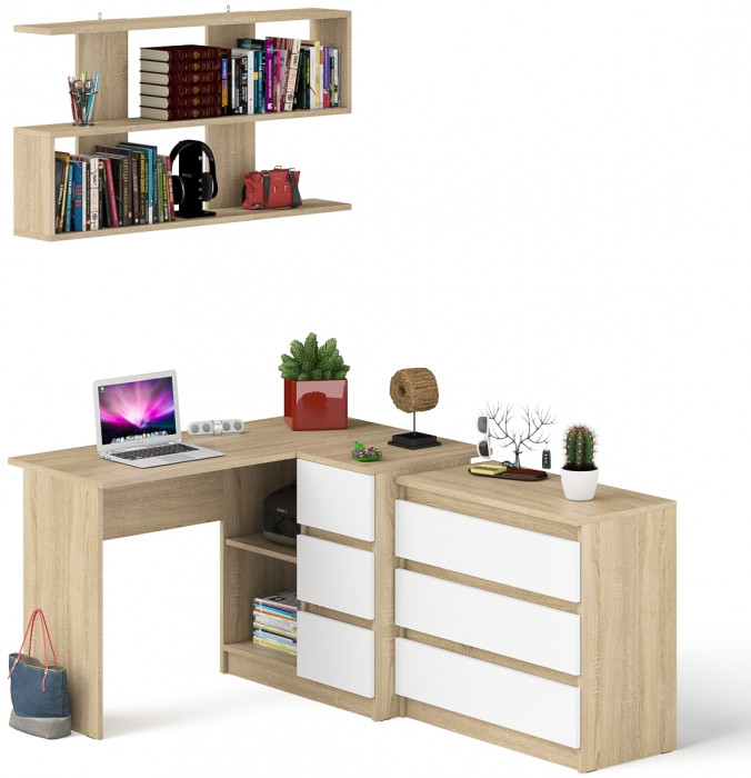 Мори компьютерный стол МС-16 правый + Комод МК800.1 + Полка 1200, дуб сонома/белый