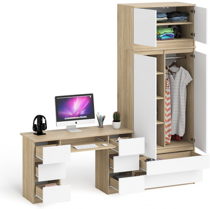 Мори компьютерный стол МС-2 + Шкаф МШ900.1 + Антресоль МА900.1, дуб сонома/белый