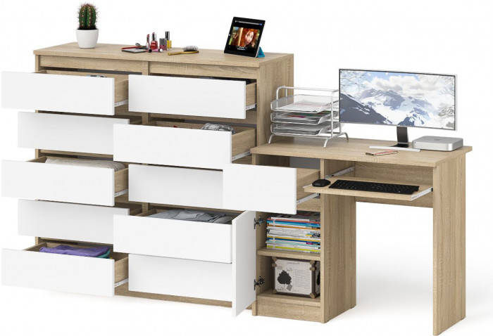 Мори Стол компьютерный МС-1 левый + Комод МК1200.10, цвет дуб сонома/белый, ШхГхВ 210,4х50х115 см., выдвижной ящик слева, НЕ универсальная сборка