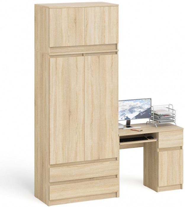 Мори Стол компьютерный МС-1 правый + Шкаф МШ900.1 + Антресоль МА900.1, цвет дуб сонома, ШхГхВ 180,4х50,4х234,2 см., выдвиж. ящик справа, НЕ ун. сб.
