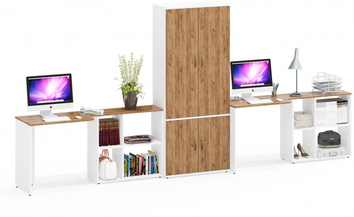 Лидер-8 Стол + Стол + Шкаф МД 20Б, белый шагрень/крафт золото