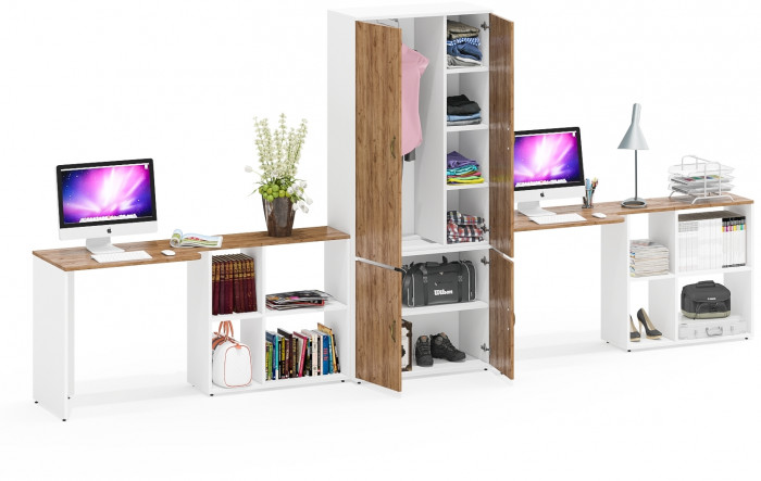 Лидер-8 Стол + Стол + Шкаф МД 20Б, белый шагрень/крафт золото