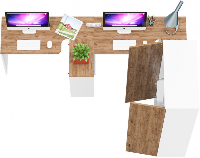 Лидер-8 Стол + Стол + Шкаф МД 20Б, белый шагрень/крафт золото