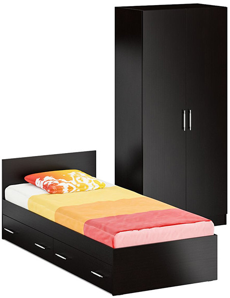 Кровать с ящиками 0900 + Шкаф 2-х створчатый Стандарт, цвет венге, ШхГхВ 93,5х203,5х70 + 90х52х200 см., сп.м. 900х2000 мм., б/м, основание есть