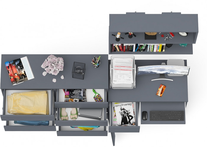 Мори Стол компьютерный МС-1 левый + Комод МК1200.8 + Полка 900, цвет графит, ШхГхВ 210,4х50х209,6 см., НЕ универсальная сборка