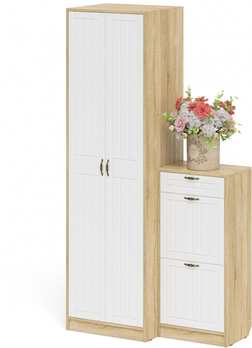 Прихожая П-6 Компоновка № 16, дуб сонома/фасады МДФ белое дерево фрезеровка прованс