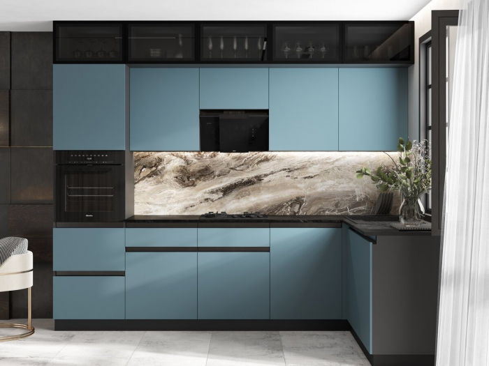 Кухня Техно-6 3,0х1,8м Графит/Браш Блю