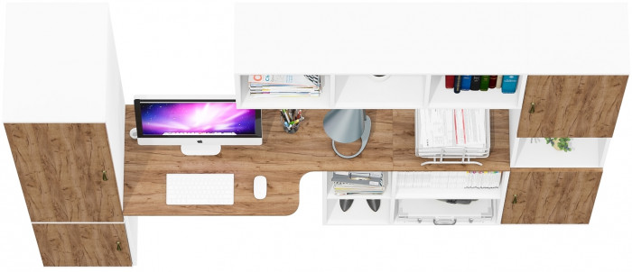 Лидер-8 Пенал МД 23Б + Стол + Полка + Пенал, цвет белый шагрень/крафт золото, ШхГхВ 245х50х75/190 или 155х120/50х75/190 см., НЕ универсальная сборка