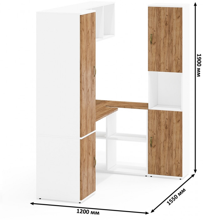 Лидер-8 Пенал МД 23Б + Стол + Полка + Пенал, цвет белый шагрень/крафт золото, ШхГхВ 245х50х75/190 или 155х120/50х75/190 см., НЕ универсальная сборка