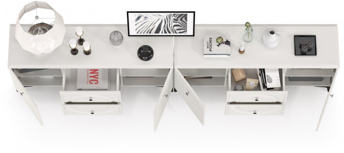 Валенсия Гостиная 16.45 Тумба под ТВ + 16.45 Тумба под ТВ, цвет ЛДСП белый шагрень/МДФ белый шагрень, ШхГхВ 266,2х38,3х63,7 см.