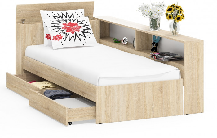 Ксения Кровать с ящиками 0900 + прикроватный блок, дуб сонома