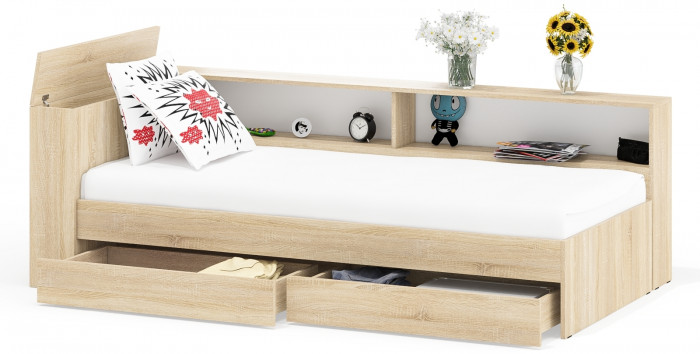 Ксения Кровать с ящиками 0900 + прикроватный блок, дуб сонома