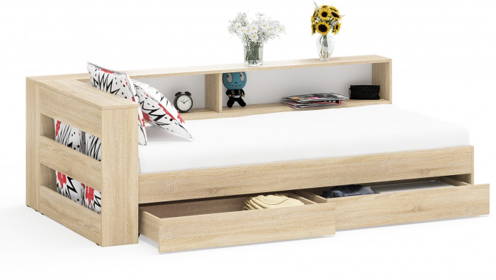 Ксения Кровать с ящиками 0900 + прикроватный блок, дуб сонома