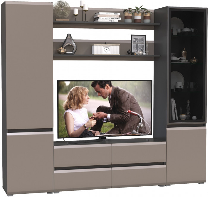 Сидней Комплектация № 069, цвет корпус: антрацит/фасады: МДФ веллюто капучино, ШхГхВ 229,9х41,3х205,2 см., ниша для ТВ 129х41х90 см., универс. сборка