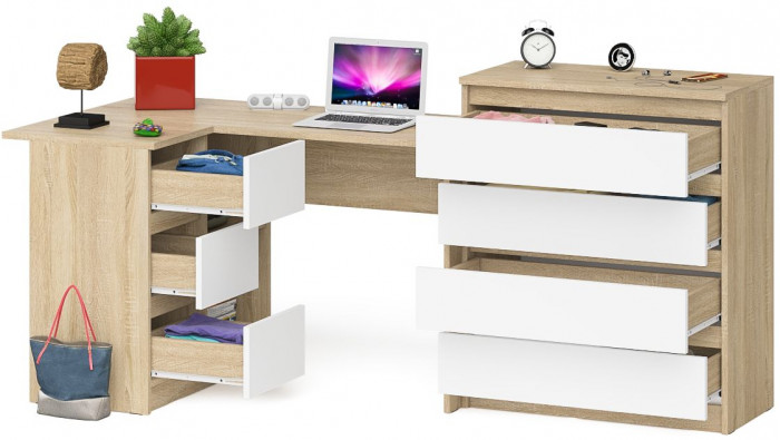 Мори компьютерный стол МС-16 левый + Комод МК800.4, дуб сонома/белый