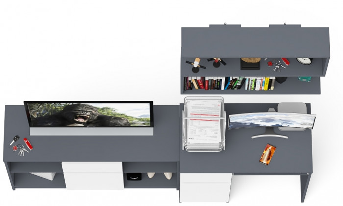 Мори Стол компьютерный МС-1 левый + Тумба МТВ1204.1 + Полка 900, цвет графит/белый, ШхГхВ 210,4х50х209,6 см., НЕ универсальная сборка