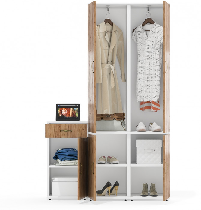 Лидер-8 Пенал МД 21Б + Пенал МД 21Б + Тумба МД 3.15, цвет белый шагрень/крафт золото, ШхГхВ 120х37,5х190 см., универсальная сборка