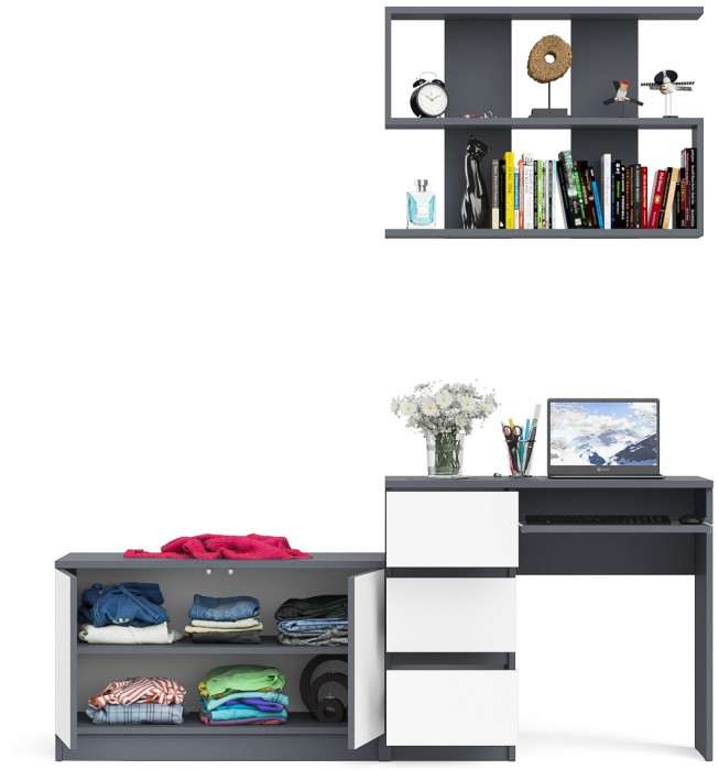 Мори Стол компьютерный МС-6 левый + Тумба МА900.1 + Полка 900, цвет графит/белый, ШхГхВ 180,4х50,4х209,6 см., НЕ универсальная сборка