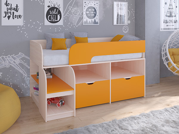 Кровать чердак Астра 9 V6 Дуб молочный/Оранжевый