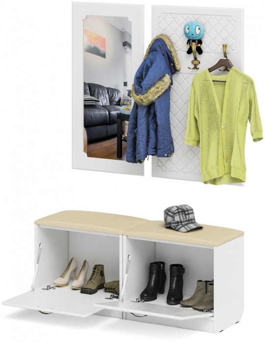 Прихожая П-6 Компоновка № 02, цвет белая шагрень/фасады МДФ белое дерево фрезеровка ромб, ШхГхВ 120х35х200 см.