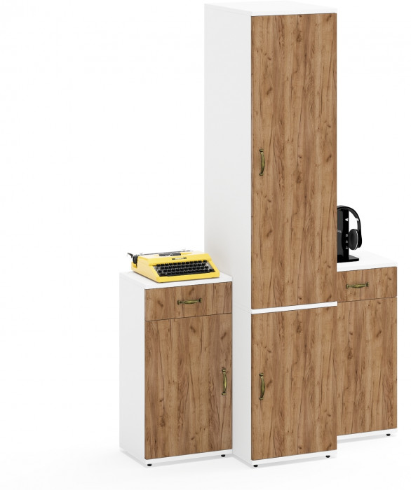 Лидер-8 Пенал МД 23Б + Тумба МД 3.15 + Тумба МД 3.15, цвет белый шагрень/крафт золото, ШхГхВ 120х50х190 см., универсальная сборка