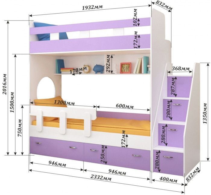 Двухъярусная кровать Юниор 1 + бортик Юниор (Винтерберг/Лайм / Оранжевый)