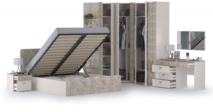 Амели Спальня № 7 13.106 + 12.48 + 03.240 + Шкафы 08.49 + 13.133 + 13.131 + 13.140 + Кровать 11.31 + под. ортопед + Тумбочка, 1600х2000 мм, б/м