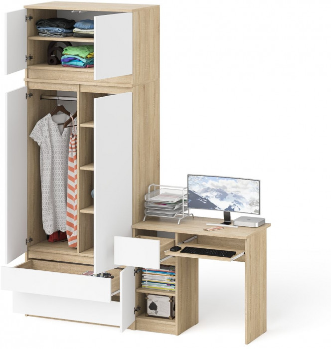 Мори компьютерный стол МС-1 левый + Шкаф МШ900.1 + Антресоль МА900.1, дуб сонома/белый