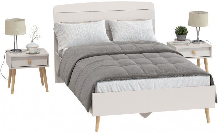 Афина Спальня Кровать 1200 + Две тумбы, цвет кашемир серый, ШхГхВ 123,6х210,2х95,7 + 2х45х37х45 см., сп.м. 1200х2000 мм., б/м, основание есть