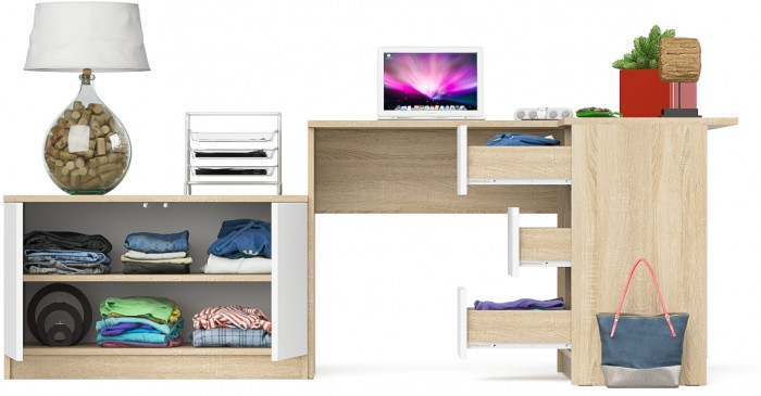 Мори компьютерный стол МС-16 правый + Тумба МА900.1, дуб сонома/белый