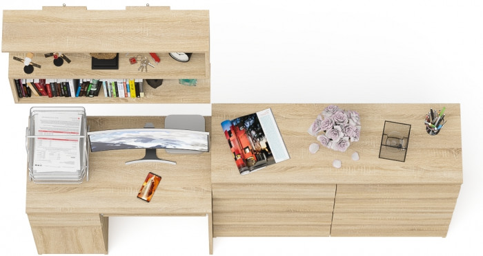 Мори Стол компьютерный МС-1 левый + Комод МК1200.8 + Полка 900, цвет дуб сонома, ШхГхВ 210,4х50х209,6 см., НЕ универсальная сборка