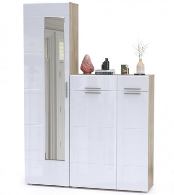 Лайн Прихожая № 13, цвет дуб крафт серый/фасады МДФ белый глянец, ШхГхВ 145х35х210 см., универсальная сборка